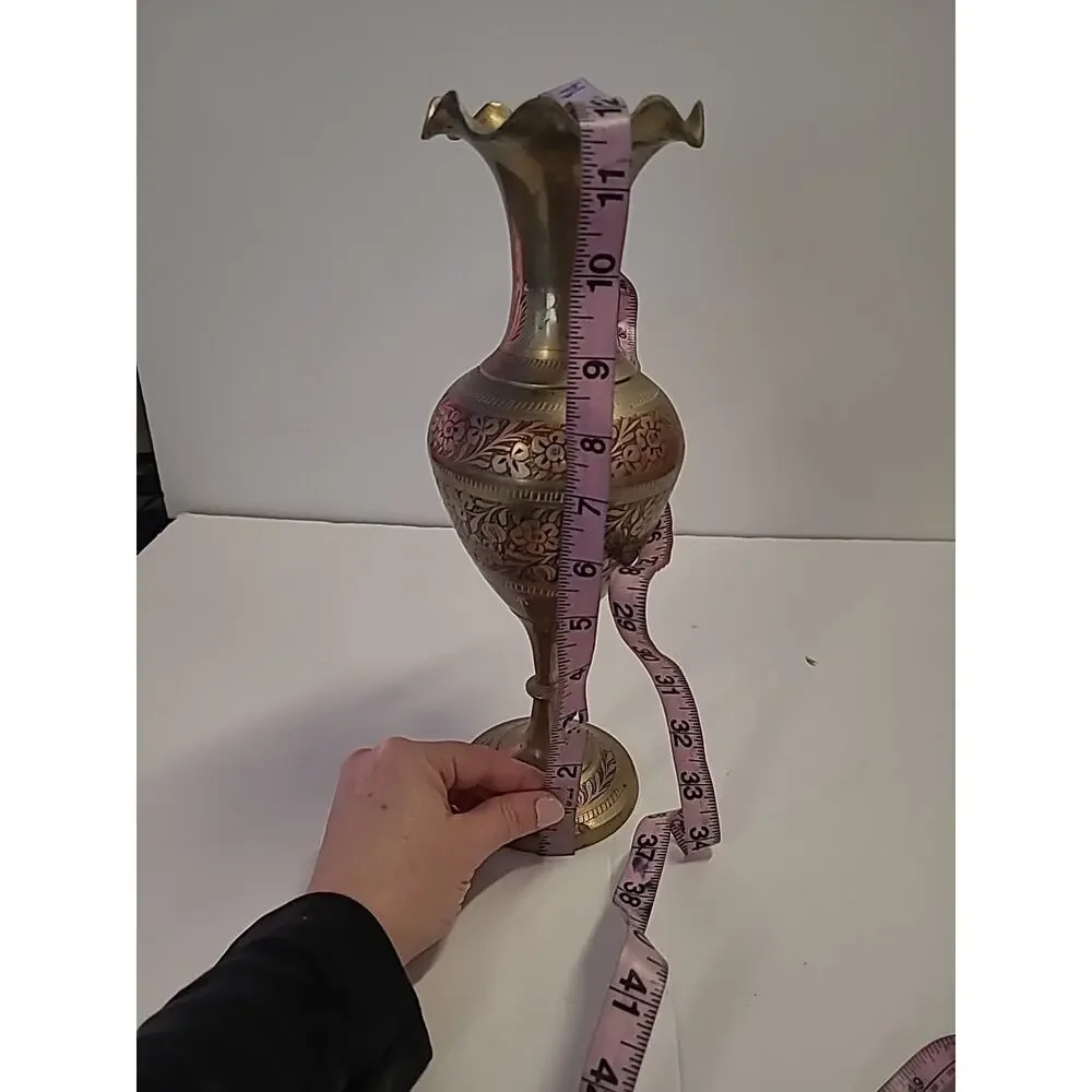 Vintage Brass Vase Handmade Etched Solid Floral Design Color Engraved Decor 12